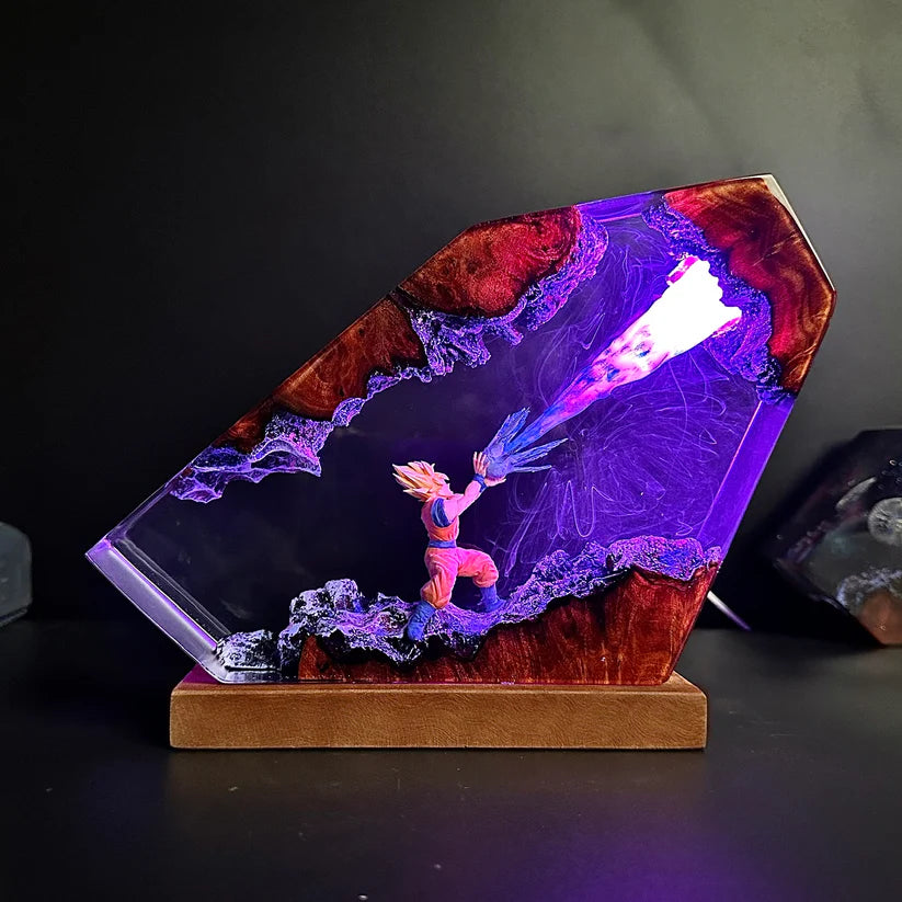 Dragon Ball Goku Resin Lamp – Handmade LED Anime Night Light with Wooden Base & Color Changing Light
