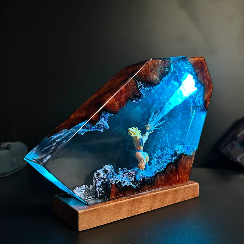 Dragon Ball Goku Resin Lamp – Handmade LED Anime Night Light with Wooden Base & Color Changing Light