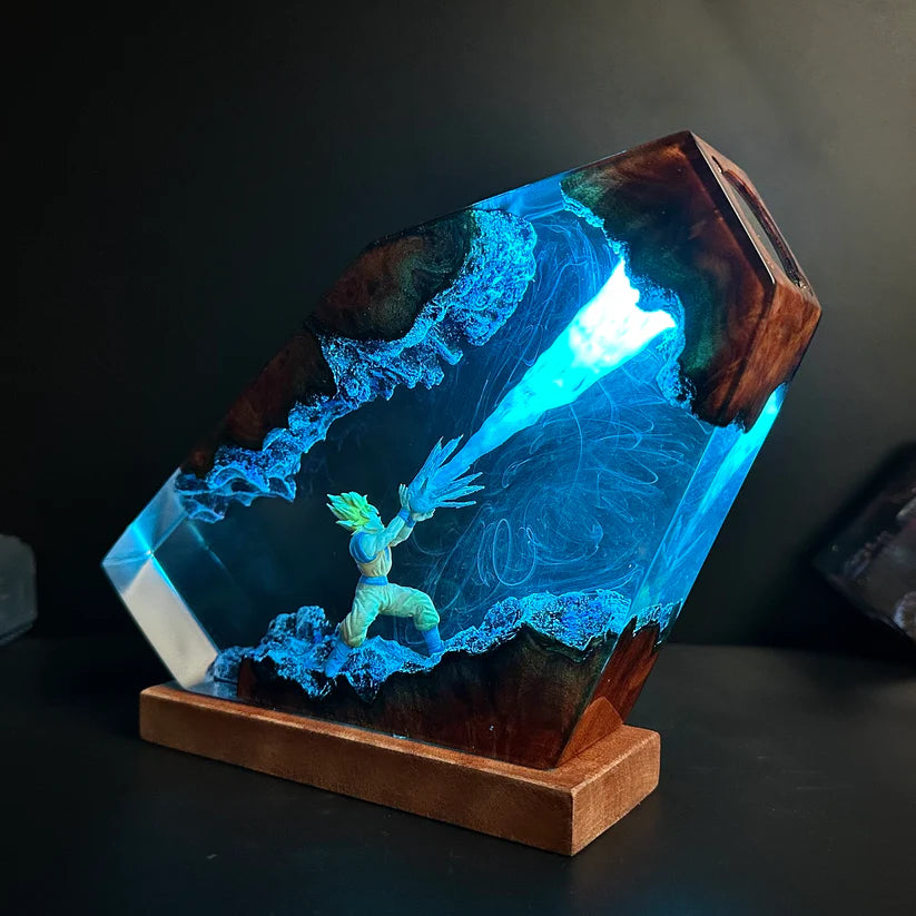 Dragon Ball Goku Resin Lamp – Handmade LED Anime Night Light with Wooden Base & Color Changing Light