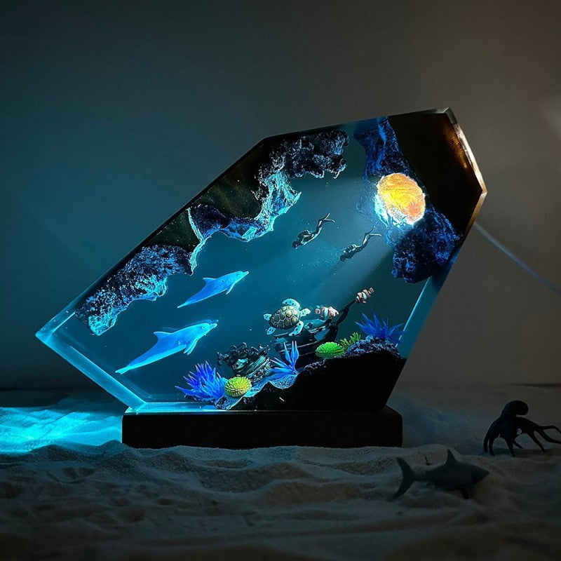 Ocean Resin Lamp – Handmade Dolphin & Sea Turtle LED Night Light with Wooden Base