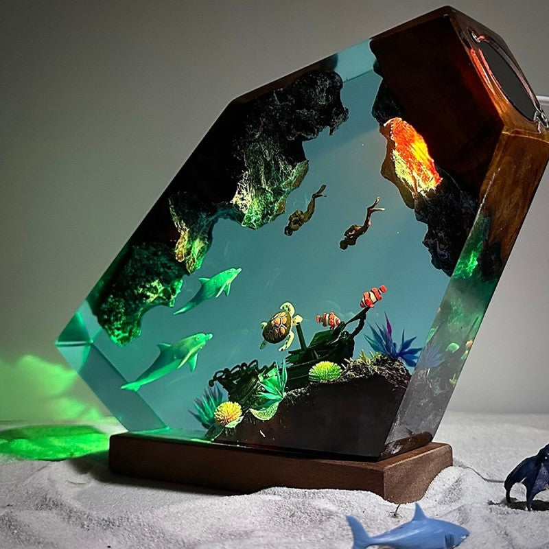 Ocean Resin Lamp – Handmade Dolphin & Sea Turtle LED Night Light with Wooden Base