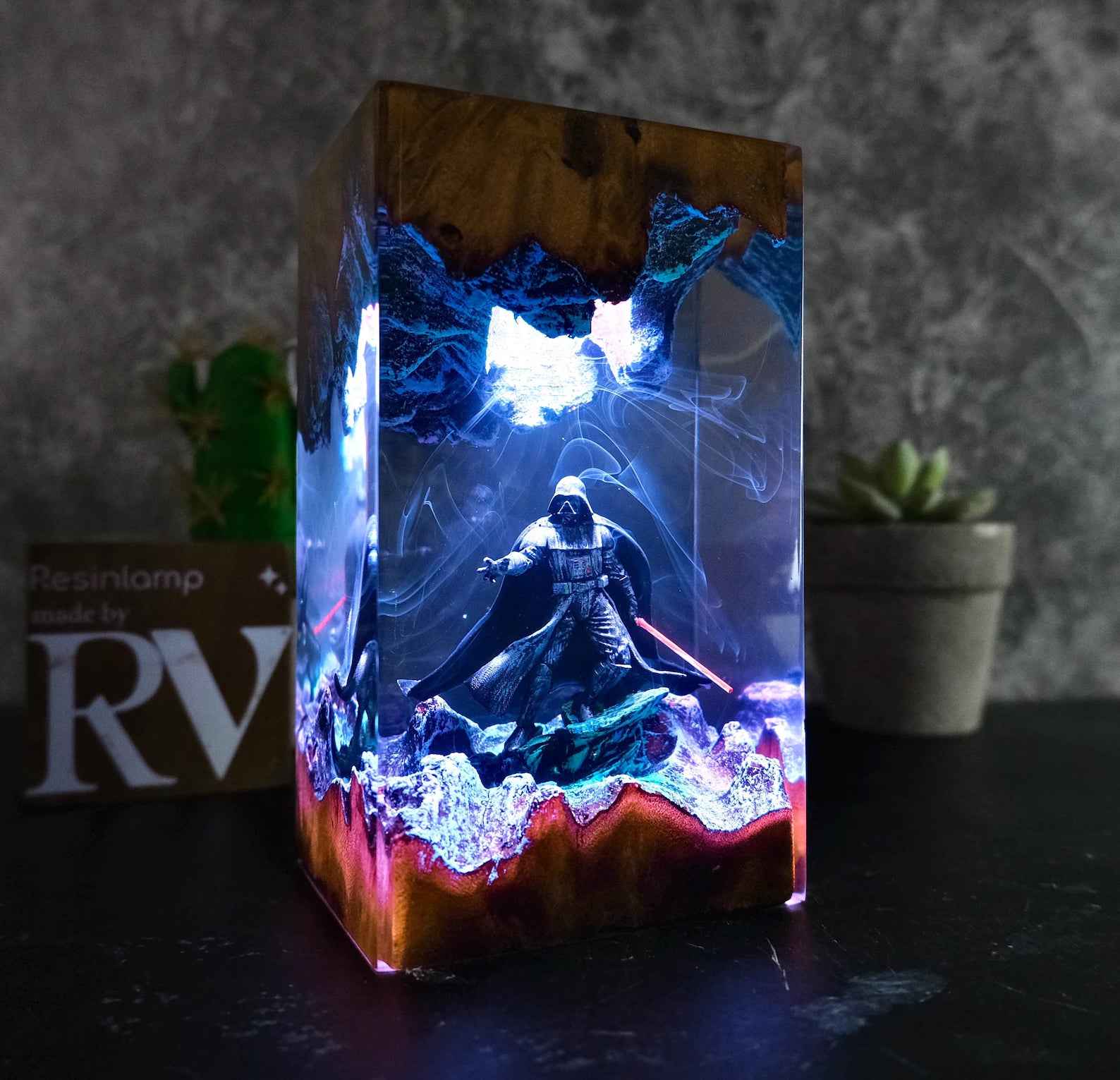 Darth Vader Galaxy Resin Lamp – Handmade Star Wars Diorama LED Night Light with Wooden Base
