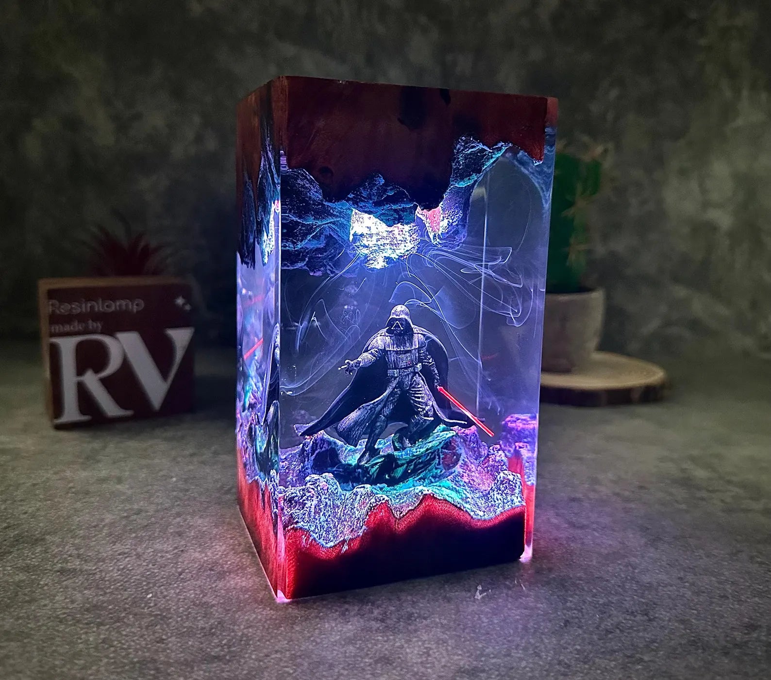 Darth Vader Galaxy Resin Lamp – Handmade Star Wars Diorama LED Night Light with Wooden Base