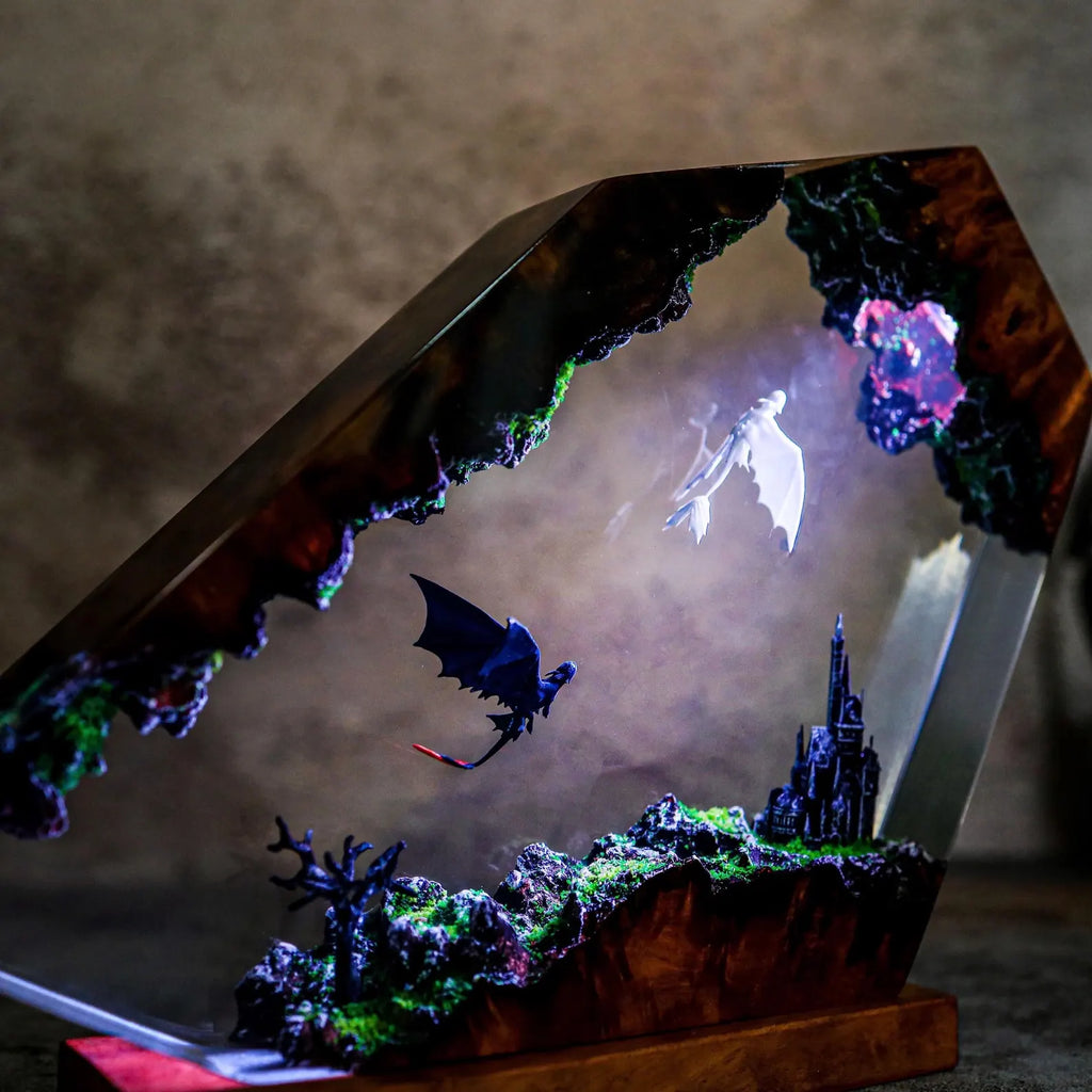 Dragon Diorama Epoxy Lamp – Handmade Toothless Inspired LED Night Light & Fantasy Desk Decor