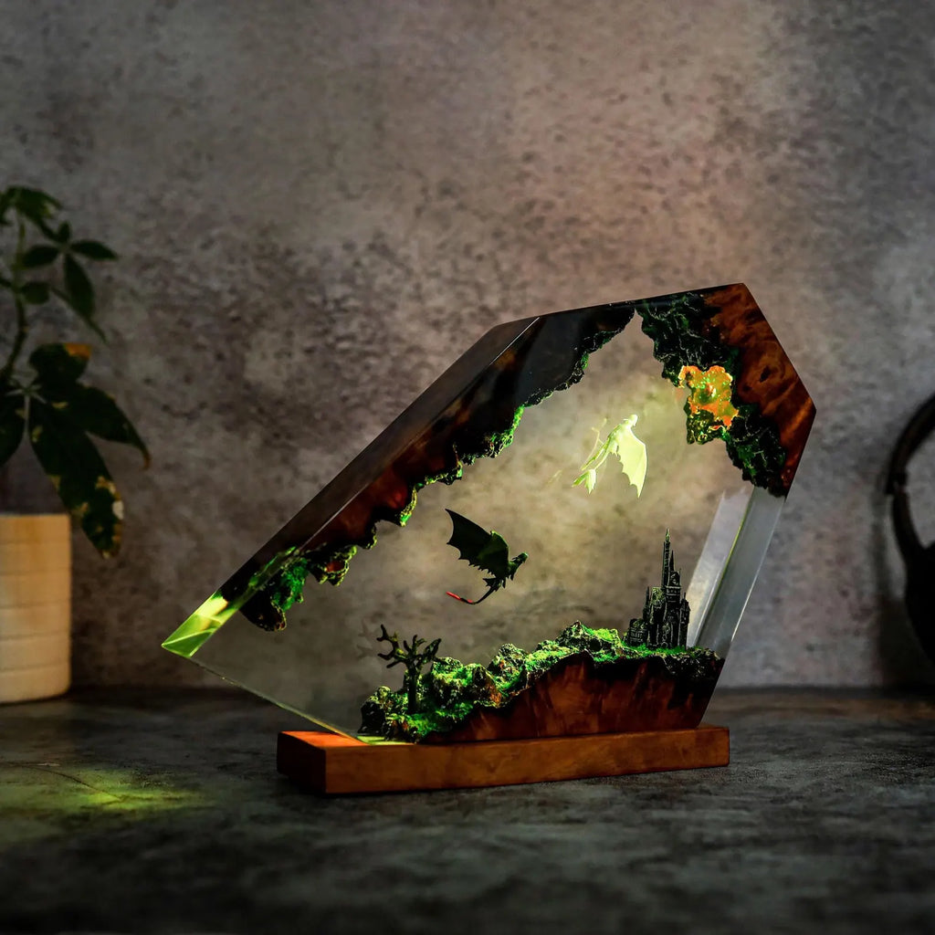 Dragon Diorama Epoxy Lamp – Handmade Toothless Inspired LED Night Light & Fantasy Desk Decor