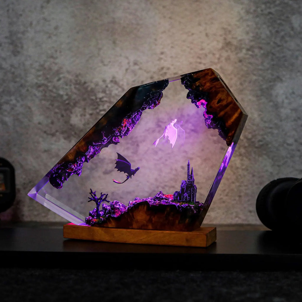 Dragon Diorama Epoxy Lamp – Handmade Toothless Inspired LED Night Light & Fantasy Desk Decor