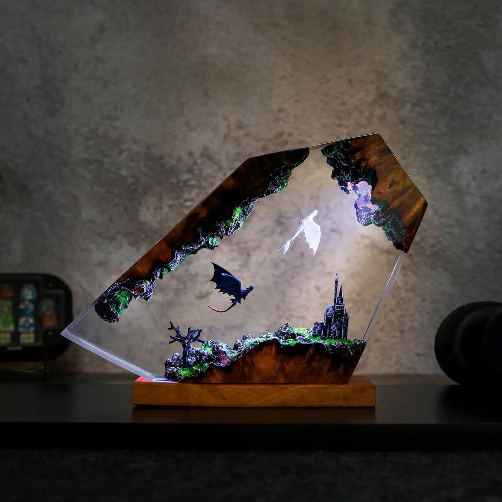 Dragon Diorama Epoxy Lamp – Handmade Toothless Inspired LED Night Light & Fantasy Desk Decor