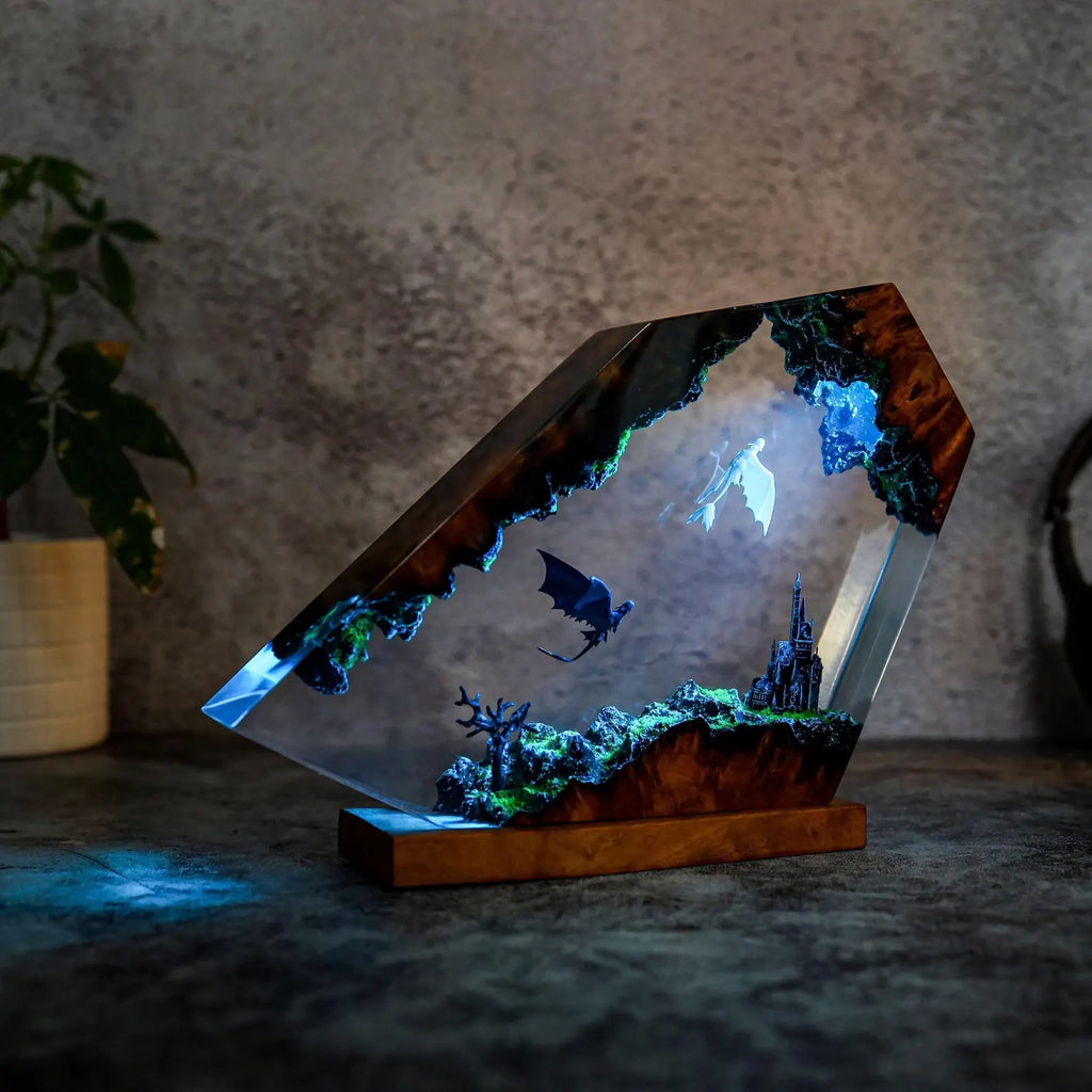 Dragon Diorama Epoxy Lamp – Handmade Toothless Inspired LED Night Light & Fantasy Desk Decor
