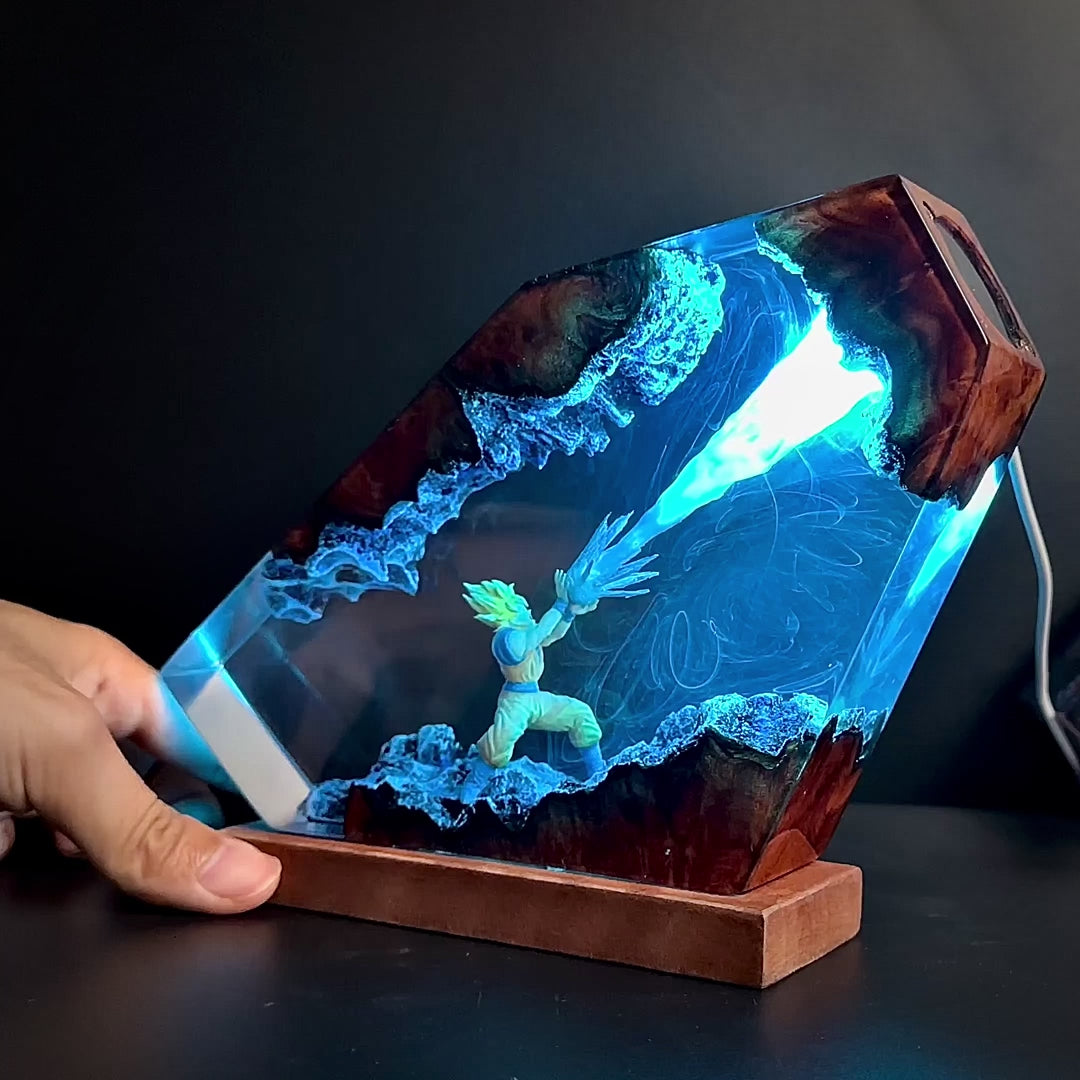 Dragon Ball Goku Resin Lamp – Handmade LED Anime Night Light with Wooden Base & Color Changing Light