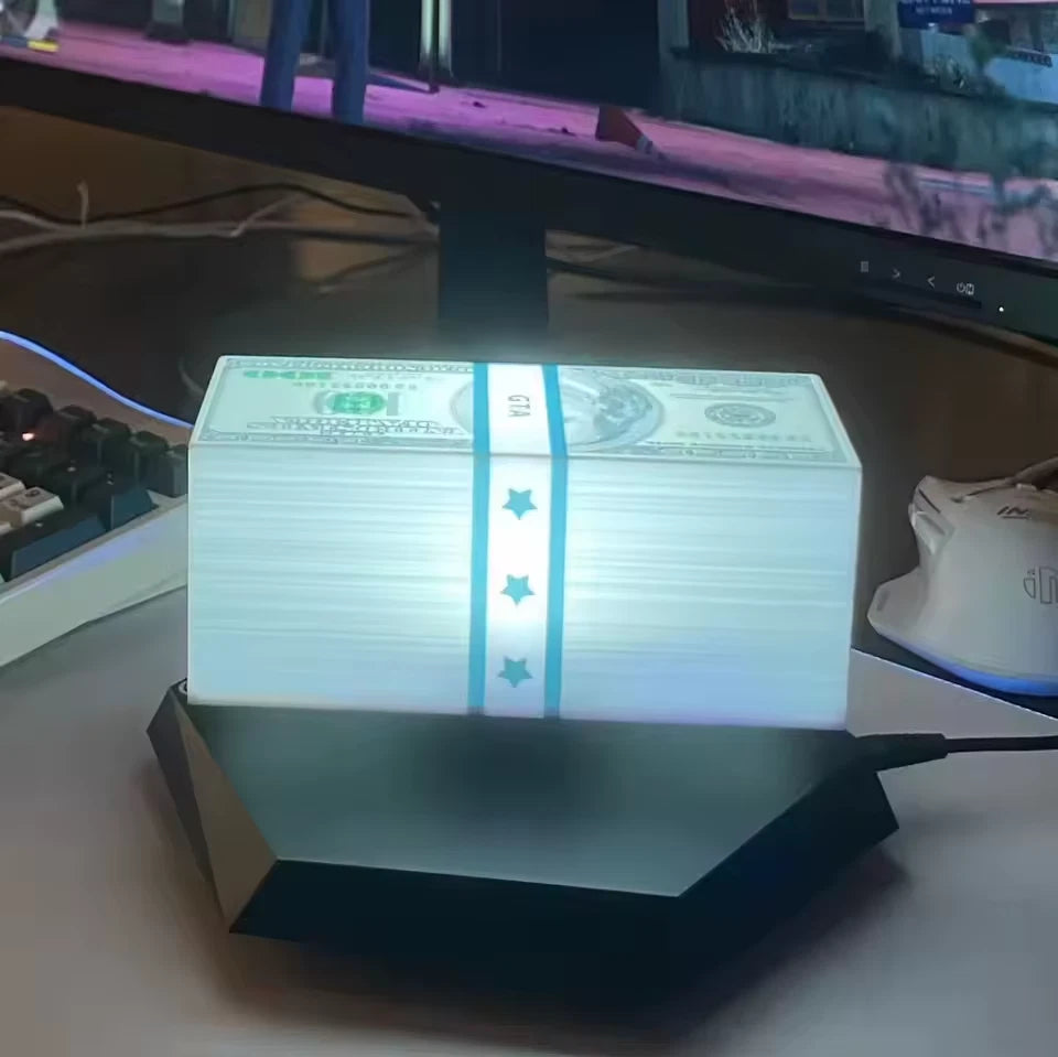 Magnetic Levitating Money Lamp – Hexagon Base LED Floating Dollar Night Light, 3-Color Rotating Desk Decor